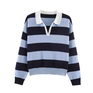 Women's blue horizontal striped polo neck knit sweater top for spring autumn fashion style