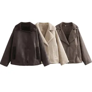 Stylish women's faux shearling lapel jackets in multiple colors, cozy lamb wool coats.
