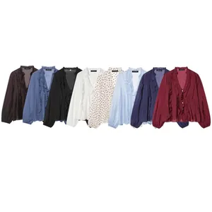 Dames Ruffle V-hals Lantaarnmouwen Blouse Elegant Effen Gestippeld Polyester Shirt Mode Lange Mouwen Top Voor Kantoor Dagelijks