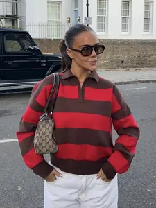 Stylish red and brown striped long-sleeve knit sweater polo for women in street style