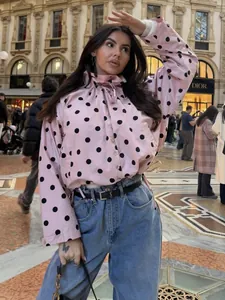 Chaqueta de Lunares para Mujer Cuello Alzado Lazo Botonadura Sencilla Moda Europea Poliéster Top de Manga Larga Ropa de Abrigo