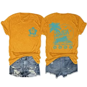 Vue avant et arrière du t-shirt jaune moutarde pour femme avec imprimé Life's a Beach