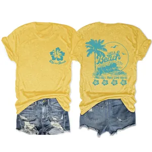 Vues détaillées avant et arrière du T-shirt jaune femme avec imprimés de vagues tropicales.