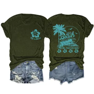 Détails avant et arrière du t-shirt femme vert olive avec motif Life's a Beach.