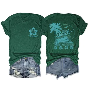 T-shirt vert pour femme avec imprimé tropical de plage vue recto et verso détaillée