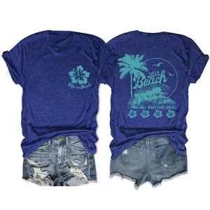 T-shirt bleu à col rond avec imprimé 'Life's a Beach', vues de face et de dos.
