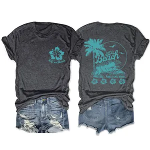 T-shirt gris à manches courtes pour femmes avec motif de plage et vagues bleu ciel