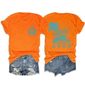 Détail recto-verso du t-shirt orange pour femmes avec motif de plage tropicale