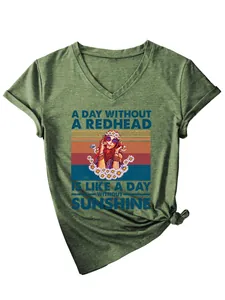 Olivgrünes Damen T-Shirt mit V-Ausschnitt und Retro-Aufdruck Redhead Sunshine