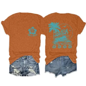Détails des vues avant et arrière d'un t-shirt graphique orange Life's a Beach pour femmes