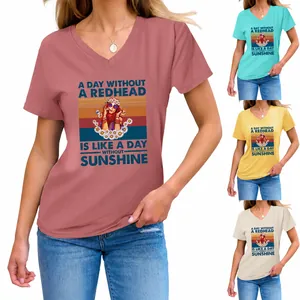 Damen V-Ausschnitt Kurzarm T-Shirt Casual Baumwollmischung Top Mit Vintage Rotschopf Grafik Druck Retro Mode Tee