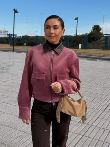 Veste en velours côtelé rose vintage pour femmes avec col en cuir contrasté style urbain