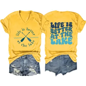 Women's yellow V-neck T-shirt and denim shorts set with lake life graphic print