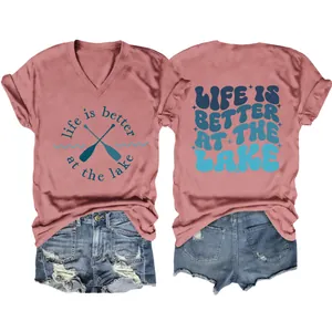 Women's V-neck T-shirt featuring 'Life is better at the lake' graphic, front and back view