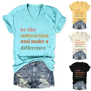 Detailed view of women's V-neck T-shirts with 'be like subtraction' quote in four color variants