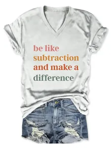 Detail of women's white V-neck T-shirt with subtraction and make a difference print.