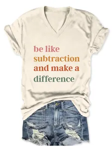 Beige women's V-neck T-shirt with 'be like subtraction' quote print
