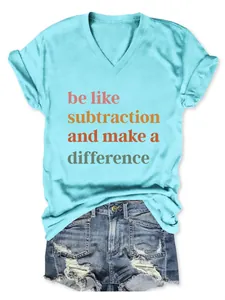 Detailed shot of a women's light blue V-neck T-shirt featuring an inspirational quote print