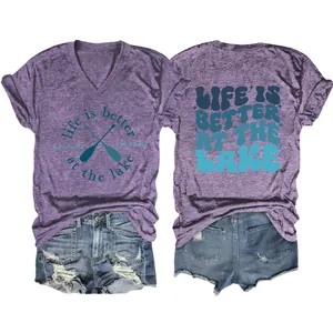 Front and back views of women's heather purple V-neck T-shirt with lake graphic