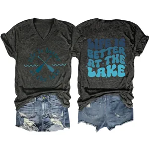 Front and back view of grey 'Life is Better at the Lake' V-neck graphic T-shirt