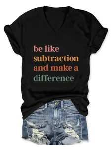 Black V-neck T-shirt with colorful slogan paired with distressed denim shorts for casual style