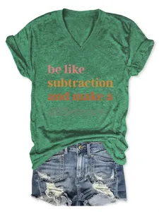 Green V-neck short sleeve T-shirt with 'be like subtraction' slogan and denim shorts.