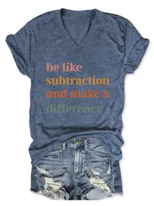Close-up of blue heathered V-neck T-shirt with 'be like subtraction' print and denim shorts.