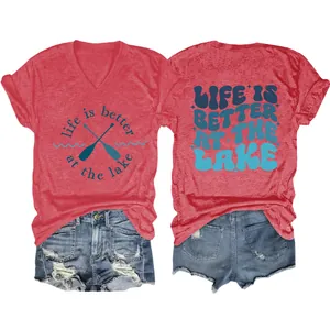 Casual red V-neck T-shirt for women featuring 'Life is Better at the Lake' lake house design.