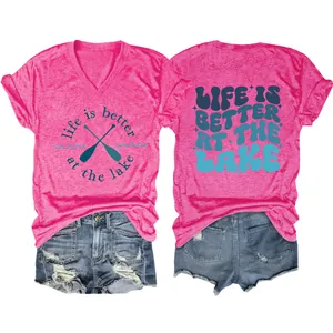 Close-up of hot pink V-neck T-shirt with 'life is better at the lake' print and oars