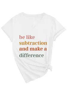 Detail view of Women's V-neck T-shirt with 'be like subtraction' colorful text design