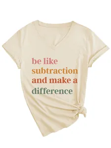Detail of V-neck T-shirt with 'be like subtraction' print and front knot
