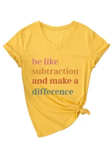 Close-up detail of yellow V-neck T-shirt with colorful subtraction slogan print