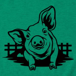 Dettaglio ravvicinato della stampa di un maiale nero su t-shirt in cotone verde.