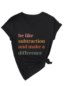 Casual black V-neck t-shirt featuring a colorful subtraction-themed graphic design.