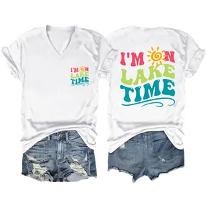 Detailed view of white V-neck T-shirt with colorful I'M ON LAKE TIME graphic print.