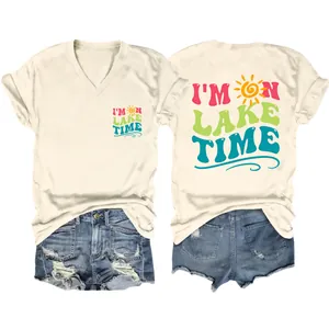 Casual beige V-neck women's T-shirt with 'I'M ON LAKE TIME' graphic print and denim shorts