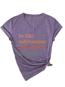 Detailed view of women's purple V-neck T-shirt with colorful inspirational slogan print