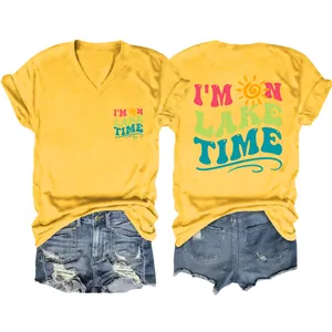 Front and back view of women's yellow V-neck T-shirt with I'M ON LAKE TIME print