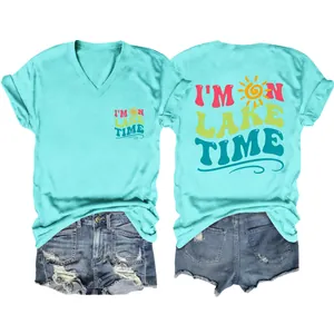Women's V-neck aqua blue T-shirt with 'I'm on Lake Time' graphic, casual summer style.