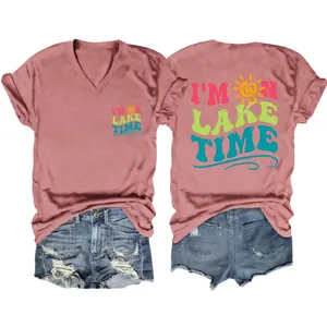 Detailed front and back view of women's V-neck T-shirt with I'm On Lake Time print