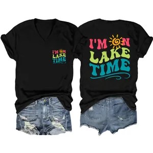 Detail view of front and back graphic prints on the black lake time v-neck t-shirt