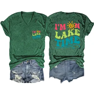 Women's casual green V-neck T-shirt featuring a 'I'm on Lake Time' sun graphic