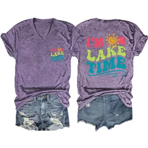 V-neck purple heather T-shirt featuring 'I'M ON LAKE TIME' front and back prints