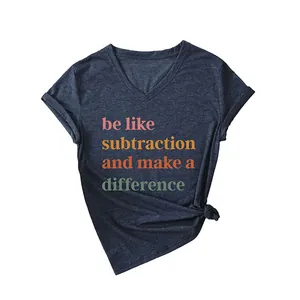 Casual women's navy V-neck short sleeve T-shirt with subtraction slogan print