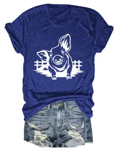 T-shirt blu casual da donna con simpatica stampa maiale e pantaloncini denim