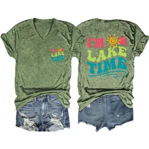Back and front view of a green V-neck T-shirt with 'I'M ON LAKE TIME' print detail