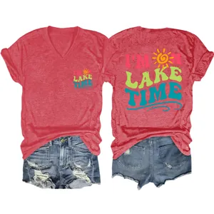 Women's red V-neck T-shirt with I'M ON LAKE TIME sun print and blue denim shorts