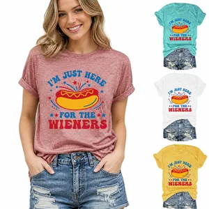 Γυναικείο Casual T-Shirt από Μείγμα Βαμβακιού Αστείο Τυπωτό Χοτ Ντογκ Γράμματα Στρογγυλή Λαιμόκοψη Κοντό Μανίκι Top για Καθημερινή Μόδα