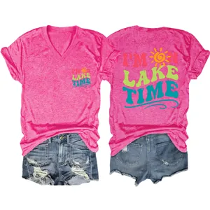 Front and back detail of pink V-neck T-shirt with I'm on lake time sun graphic print