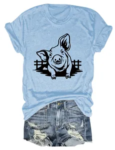 T-shirt azzurra da donna con simpatica stampa grafica a testa di maiale nera